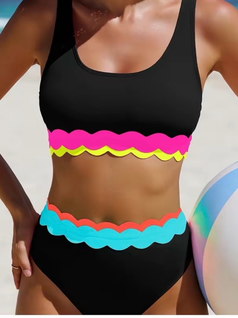 Black Scallop-Trim Bikini Top & High-Waist Bottoms in Neon Accents